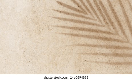Natural palm leaf shadow on light beige sandy color background, banner with copyspace. Summer minimal concept, daylight in sunny day, top view plant sun shade, nature environment pattern, neutral tone
