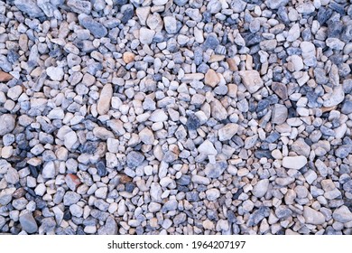 Natural Pebbles Stone Texture Background And Wallpaper. Pebbles Stone Decoration In Japanese Zen Garden Style. Stones As Part Of The Pathway. Beautiful Abstract White, Grey, And Blue Tone Background.