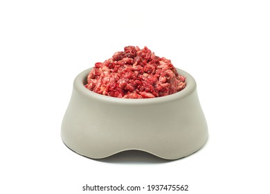 Natural Pet Food. Fresh Raw Minced Meat In Bowl On White Background. 