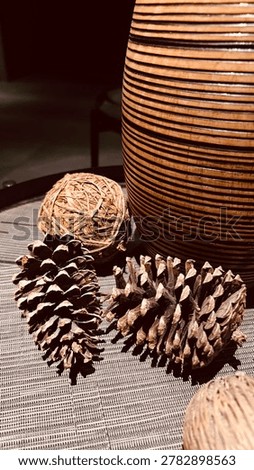 Natural pinecones and rustic decorative elements on table with wooden vase