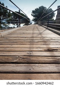 Natural Planks Wood Pathway Over Moat Protection Of  Castle. Vintage Flooring Timber.