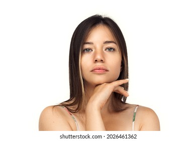 Natural Plump Lips. Female Portrait. Close-up Multicultural Face. Beautiful Green Eyes Girl With Looks At The Camera, On A White Background. Not A Model Simple Common Face.