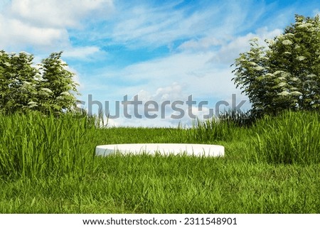 Natural podium backdrop for product display with sky background, Blank showcase mockup with natural environment, 3d, Cosmetics or beauty promotion, Nature pedestal with grass, plants, bushes
