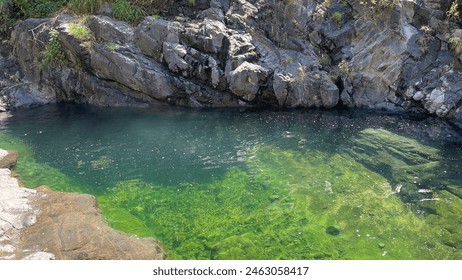 A natural pool with clear green water surrounded by rocky cliffs and lush vegetation, creating a tranquil and refreshing spot - Powered by Shutterstock