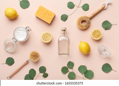 Natural products for home cleaning and care. Ingredients - essential oil, lemon and washing soda, vinegar. Natural domestic cleaning.