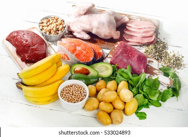 Natural products rich in vitamin B6. Healthy food concept. View from above