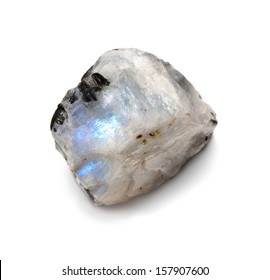 Natural Raw Uncut Rainbow Moonstone Gem On The White Background.