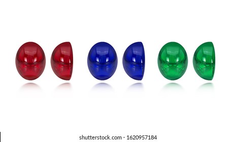 Natural red Ruby green Emerald and blue sapphire Cabochon Gemstone dimension ,top ,front,side,on white isolate