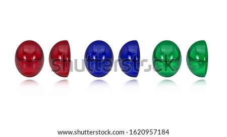 Natural red Ruby green Emerald and blue sapphire Cabochon Gemstone dimension ,top ,front,side,on white isolate
