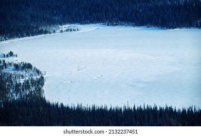Natural region (geographical zone). Subarctic forest lake under a thick layer of snow and ice - subarctic bleak climate. Lake has frozen hard (dead of winter). Bird's-eye view