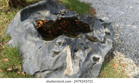 A natural rock formation with a small water pool, filled with fallen leaves, nestled in a garden setting. This serene scene captures the essence of nature's tranquility and beauty - Powered by Shutterstock