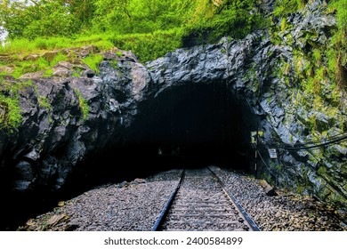 A natural rock-cut railway tunnel in Goa's lush forest, seamlessly blending with nature. - Powered by Shutterstock