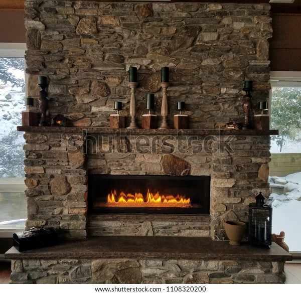Natural Rustic Stone Fireplace Roaring Flames Stock Photo Edit