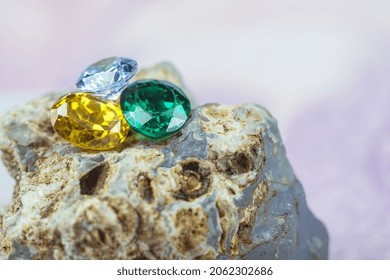 Natural Sapphire Gemstone, Jewel Or Gems On Black Shine Color, Collection Of Many Different Natural Gemstones Amethyst,