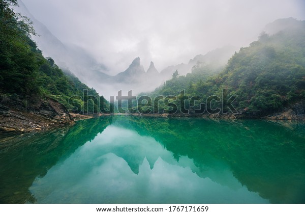 Natural\
scenery of Tianmen Mountain in Zhangjiajie, Changsha, Hunan\
Province, China, with green natural\
background.