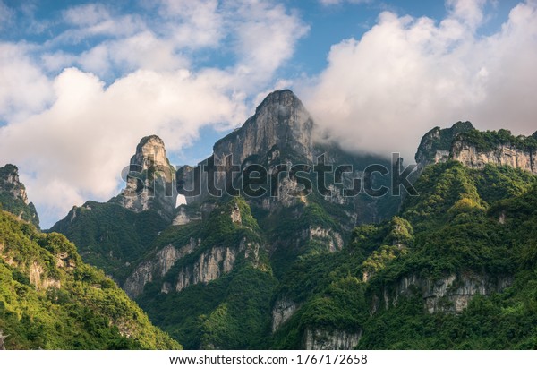 Natural\
scenery of Tianmen Mountain in Zhangjiajie, Changsha, Hunan\
Province, China, with green natural\
background.