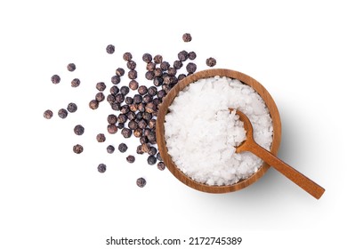 Natural sea salt and black pepper (peppercorns) isolated on white background, top view, flat lay. - Powered by Shutterstock