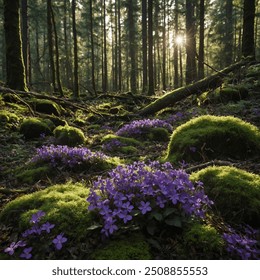 A natural setting with violet flowers growing in a forest clearing, surrounded by moss-covered rocks and dappled sunlight filtering through the trees. - Powered by Shutterstock