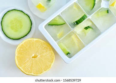 Natural Skin Brightener, Lemon And Cucumber Ice Cubes, Beauty Hacks, Close Up View.