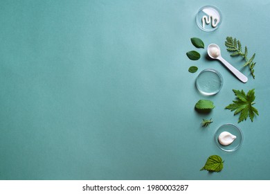 Natural skin care products in petri dish and green leaves on green background, top view, copy space. Natural eco beauty, cosmetic laboratory and organic skin care concept.