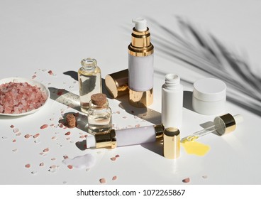 natural skincare products on white background 