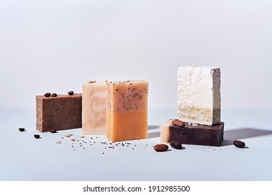 Natural soap bars with ingredients. Diy cosmetics products. Spa bath still life, front view