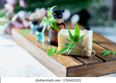 Natural soap, essential oil, and cosmetics from medicinal cannabis. Selective focus, copy space