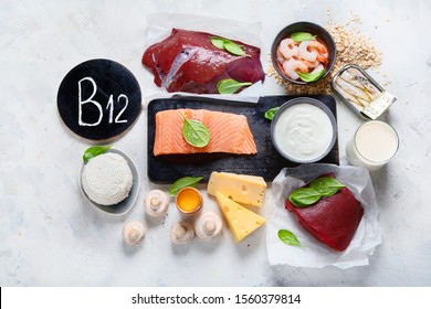 Natural sources of Vitamin B12 (Cobalamin) for normalization of sleep;  ensuring normal brain function; supporting the respiratory system;  alzheimer's deasease treatment. Top view 