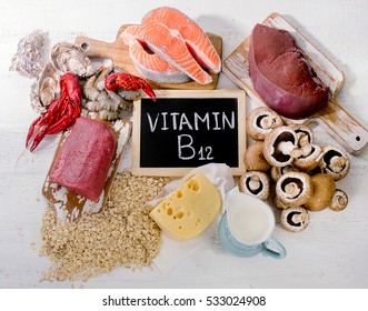 Natural sources of Vitamin B12 (Cobalamin). Healthy eating. Flat lay