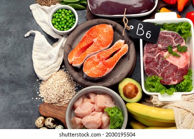 Natural Sources Of Vitamin B6 (Pyridoxine). Healthy Food Concept. Top View, Flat Lay, Copy Space