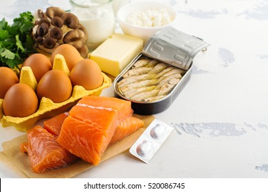 Natural Sources Of Vitamin D. Healthy Food Background. Top View. Space For Text