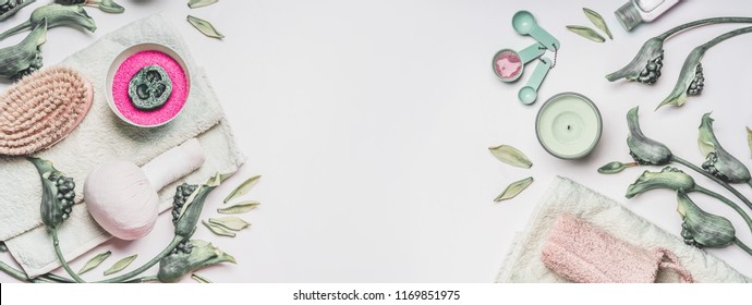 Natural Spa, Wellness Or Skin Care Composition With Water Bowl , Flowers, Green Leaves, Towel And Accessories For Home  Cellulite Treatment On White Background, Top View, Banner. Beauty And Health 