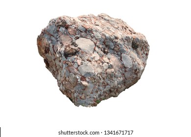 Natural specimen of conglomerate - sedimentary rock composed of rounded or sub-rounded gravel and pebbles cemented by calcium carbonate, isolated on white background  - Shutterstock ID 1341671717