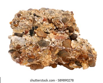 Natural specimen of conglomerate - sedimentary rock composed of rounded or sub-rounded gravel and pebbles cemented by calcium carbonate on white background - Shutterstock ID 589890278
