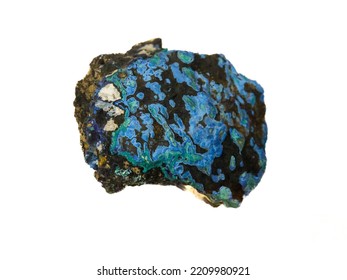 Natural Specimen Of Malachite (green) And Azurite (blue) Minerals - Copper Carbonate Ores In The Limonite-goethite Rock From Mednorudyanskoe (Cu) Deposit, Ural Isolated On Whte Background