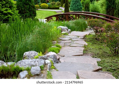 natural stone path along pond with reeds among green backyard plants with evergreen bushes and pine trees landscape design of eco friendly summer park with wooden bridge, nobody.