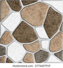 Natural Stone Pattern Ceramic Floor Tile Design Wallpaper Texture. Top-down view of a ceramic tile featuring a mosaic of irregular rounded stones in shades of brown, tan, and white set in gray grout for interior flooring and walls.