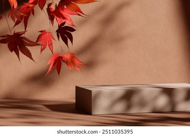 
Natural stone podium with falling autumn leaves in front of beige background. Fall season, thanksgiving and seasonal home decor scene. Premium brand product placement showroom stage. - Powered by Shutterstock