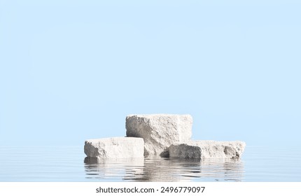 Natural Stone Podium on Tranquil Water with Rocks: Perfect Minimalist Platform for Elegant Product Showcase
