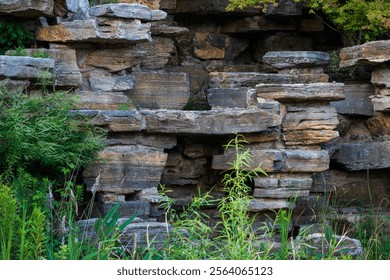 Natural Stone Rock Wall with Greenery