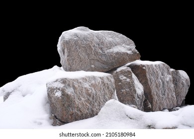 Natural Stone In Snow Isolated On Black Background. High Quality Photo