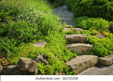 Natural Stone Steps And Path Landscaping In Home Garden