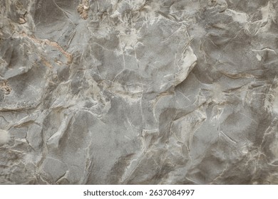 Natural stone surface texture with intricate patterns and fine cracks. The image captures the details of weathered gray rock, showcasing layers, mineral veins, and subtle beige and reddish tones. 