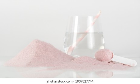 Natural Strawberry Collagen Protein Powder For Skin Regeneration. Plant Based. Hydrolyzed. The Concept Of Food Additives.