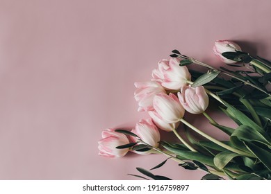 Natural styled stock photo. Feminine Easter, spring composition with tulips on pink table, wall background. Floral frame, border. Flat lay, top view. Vertical picture for blog, web banner.