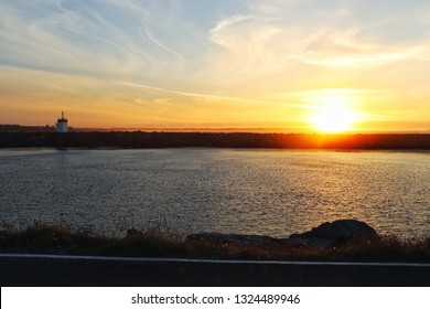 Natural Sunset Over Rock Walla Nd River. Near Beach With Beautiful Sky, Very Senic And Light House