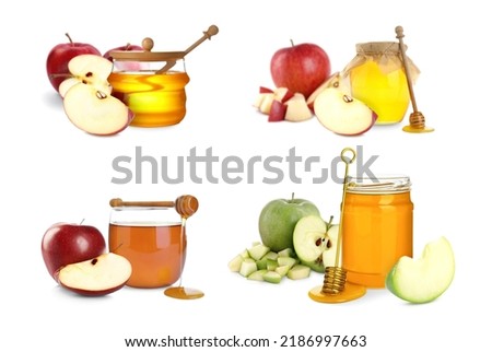 Natural sweet honey and tasty fresh apples on white background, collage