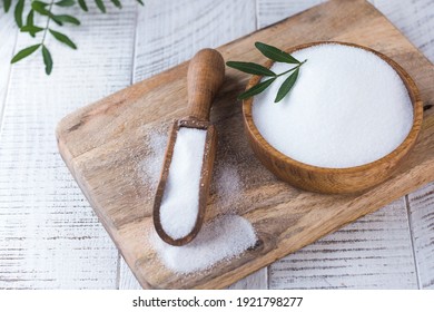 Natural Sweetener In A Wooden Spoon. Sugar Substitute. Erythritol