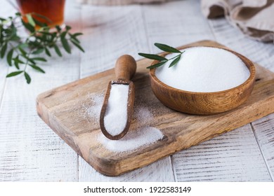 Natural Sweetener In A Wooden Spoon. Sugar Substitute. Erythritol