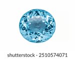 Natural swiss blue topaz oval faceted gemstone isolated on white background. Clean, transparent, rich blue color faceted gemstone setting for making jewelry. Irradiated topaz stone sample.